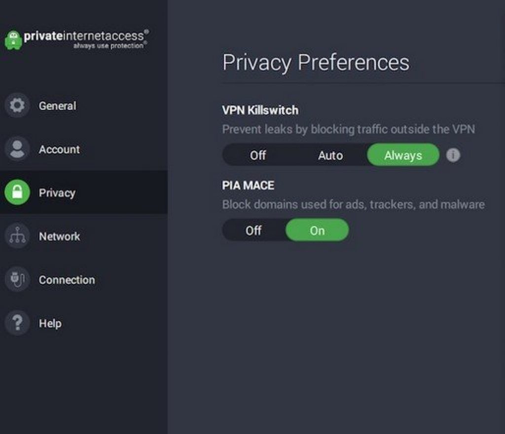 PrivateInternetAccess Preferences